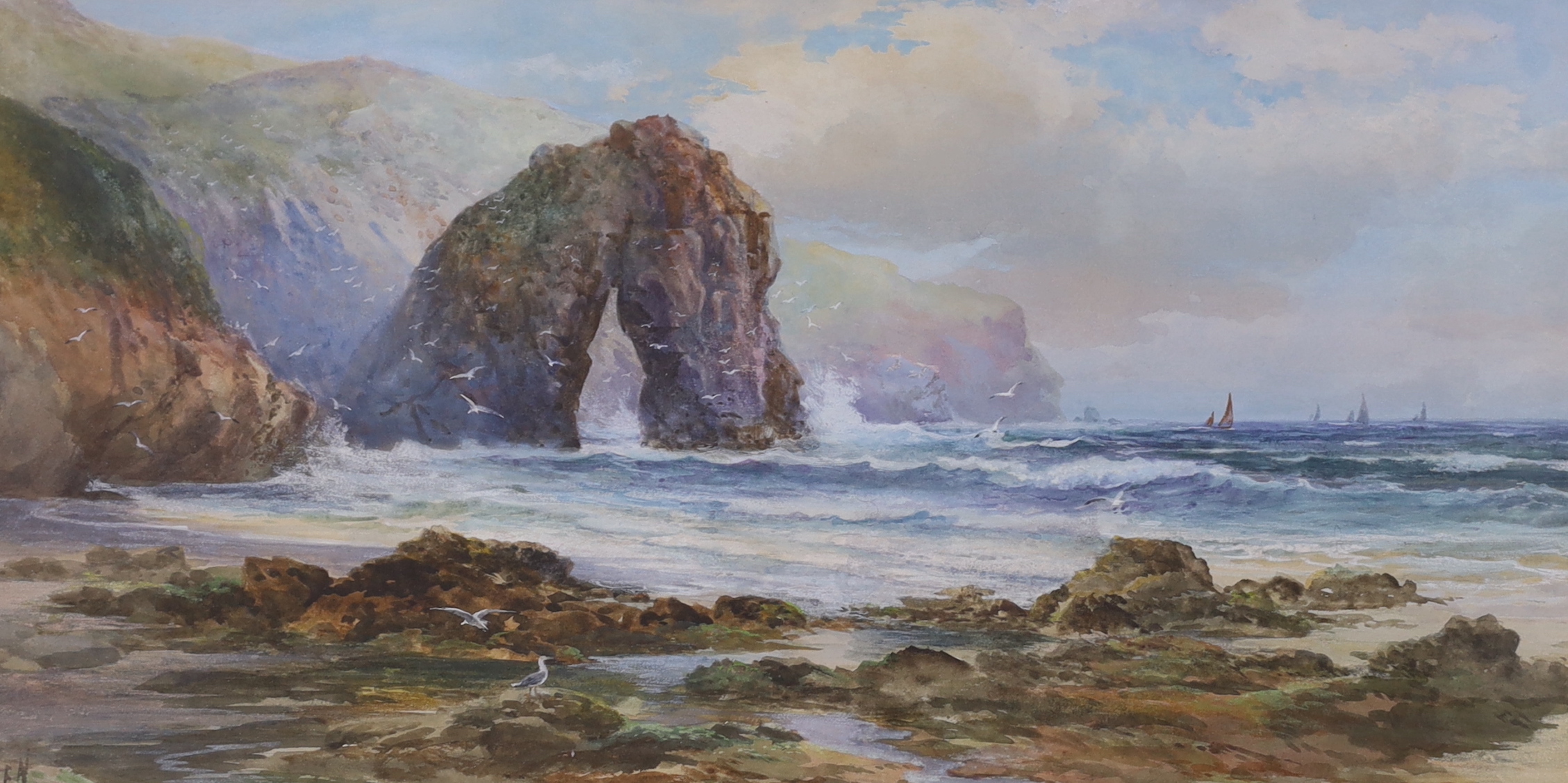 John Clarkson Isaac Uren (1845-1932) pair of heightened watercolours, Devon coastline scenes, signed, 48 x 24cm